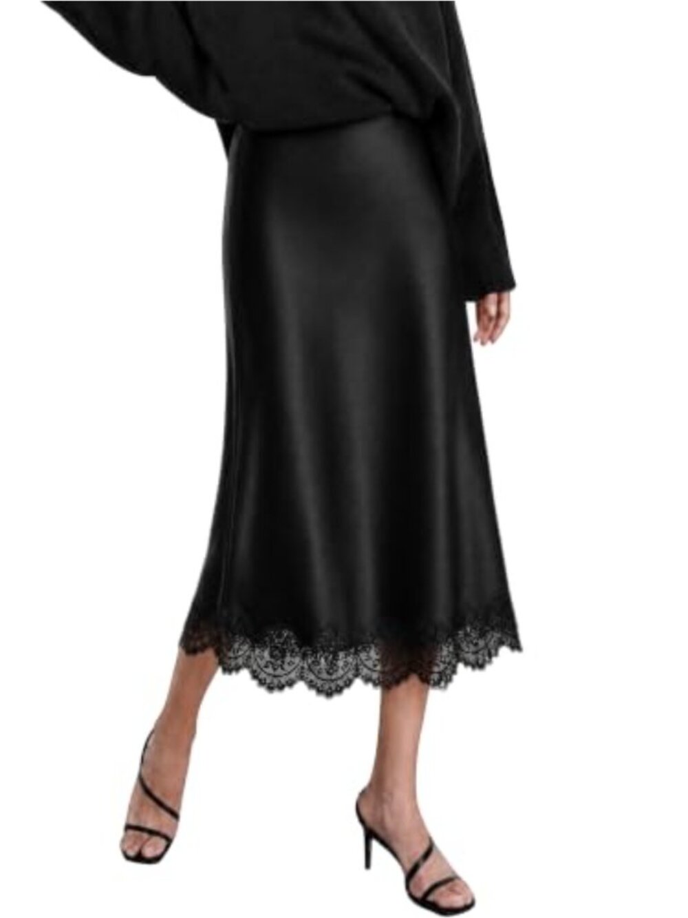 Women's Satin A-Line Midi Skirt with Lace Hem High Waist